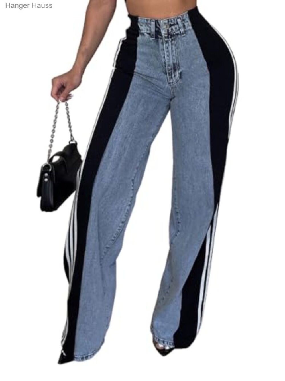 High Waisted Wide Leg Stripe Patchwork Loose Denim Jeans for Women Trendy